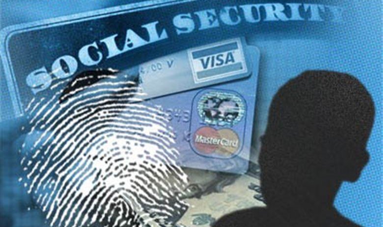 Social Securtiy with Visa and master card, with fingerprints, and a black outline of a man